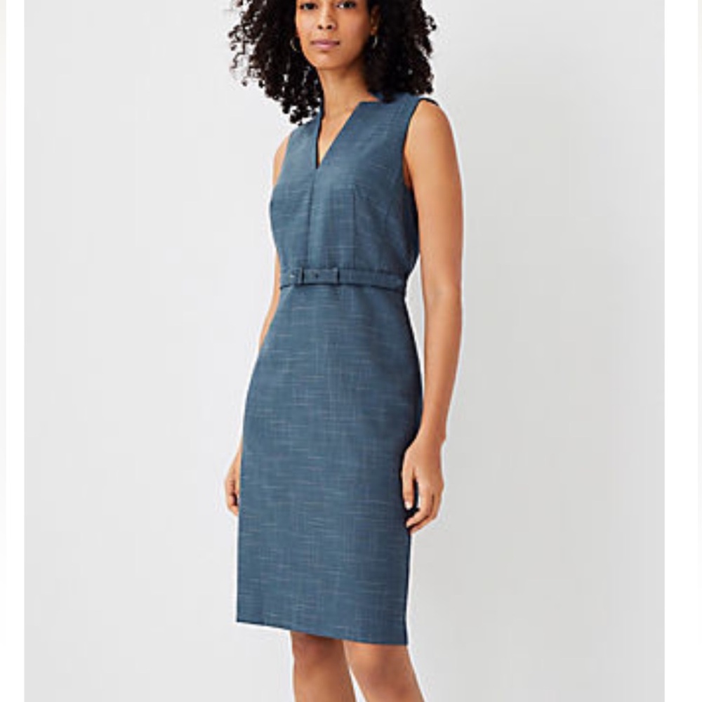 Ann Taylor Belted Split Neck Dress in Crosshatch